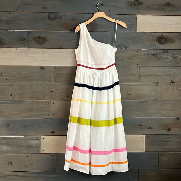 J Crew One Shoulder Ribbon Striped Summer Dress Midi White Sz 2 - Picture 3 of 15